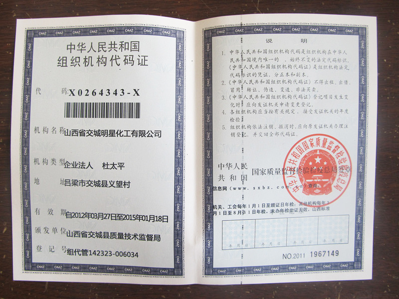 Organization code certificate